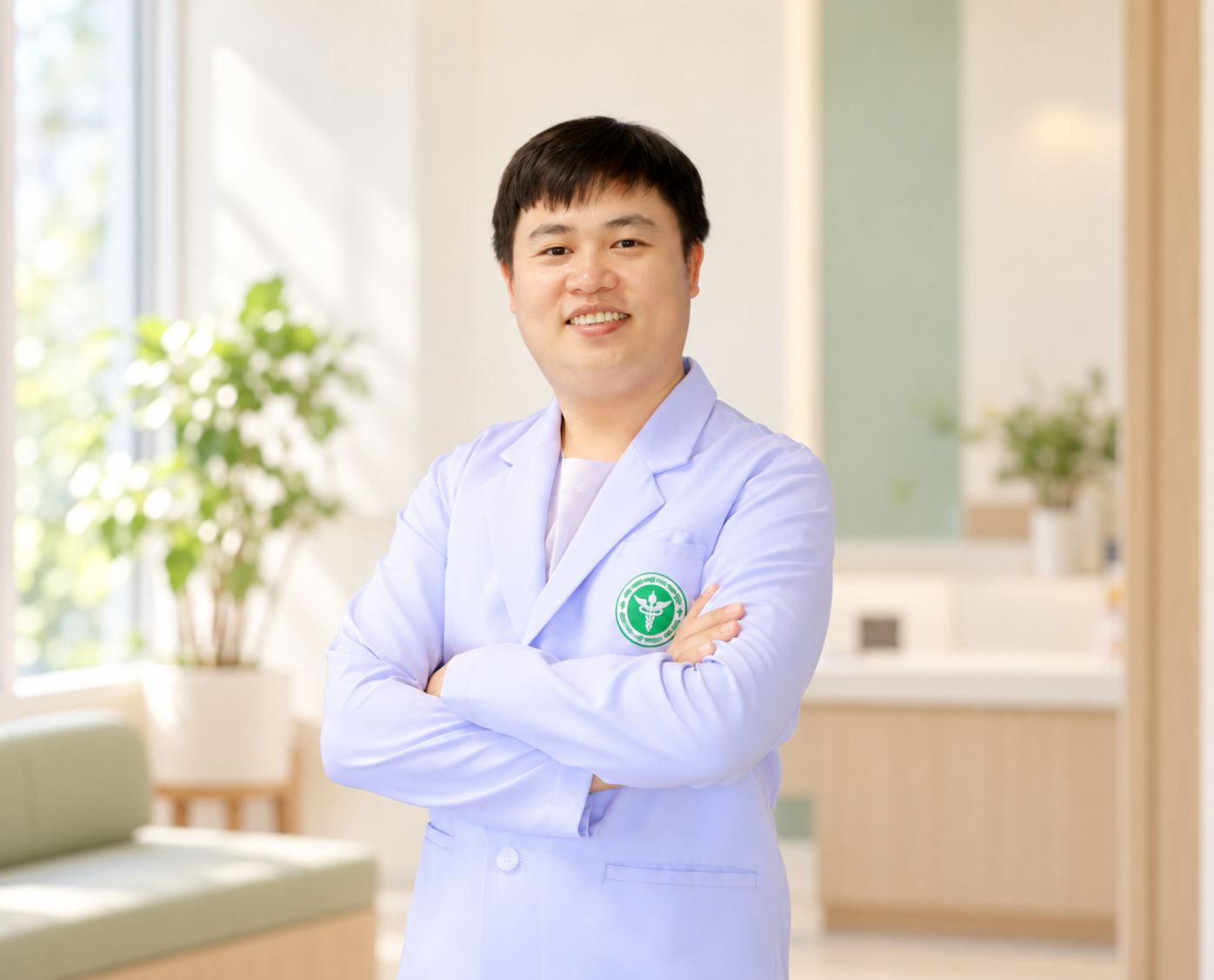 คุณหมออนิรุทธ์ในชุดแพทย์ภายในคลินิก